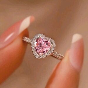 S925 Sterling Silver Pink Heart Shaped Cz Wedding Ring